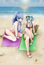  2girls absurdres beach bikini bikini_under_clothes blue_eyes blue_hair breasts cleavage fairy_tail flatpancakesjim food highres ice_cream juvia_lockser large_breasts medium_breasts multiple_girls nail_polish patreon_username ponytail sandals sinon sitting swimsuit sword_art_online thick_thighs thighs transparent_jacket  rating:Sensitive score:4 user:Flatpancakesjim
