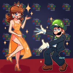  1boy 1girl absurdres alternate_costume blue_eyes breasts brown_hair cleavage crown dress facial_hair formal_clothes gloves hat high_heels highres legs looking_at_viewer luigi manysart1 mario_(series) medium_breasts meme mustache nintendo one_eye_closed pants princess_daisy red_carpet ribbon shoes smile suit the_super_mario_bros._movie will_smith wink 