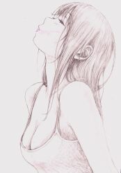  1girl absurdres bare_shoulders bbmasa breasts camisole cleavage collarbone commentary_request from_side gradient_background grey_background head_tilt hibike!_euphonium highres lips lipstick_mark lipstick_mark_on_face liz_to_aoi_tori long_hair looking_up medium_breasts profile sketch solo spaghetti_strap traditional_media underwear upper_body yoroizuka_mizore 