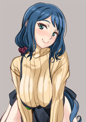 1girl apron blue_hair blush breasts commentary_request green_eyes grey_background gundam gundam_build_fighters haro_button_badge iori_rinko large_breasts lips lipstick long_hair looking_at_viewer makeup mature_female photoshop_(medium) ponytail ribbed_sweater simple_background smile solo sweater tonbo turtleneck rating:Sensitive score:29 user:buster2222