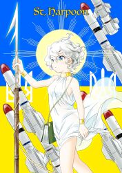  1girl aqua_eyes bare_legs blue_eyes breasts clenched_hand closed_mouth collared_halterneck curly_hair dress hair_between_eyes halterneck harpoon_missile highres holding holding_harpoon holding_polearm holding_quill holding_weapon japanon jewelry looking_to_the_side non-web_source original polearm quill robe russo-ukrainian_war serious short_hair sleeveless sleeveless_dress small_breasts solo st._harpoon standing thighs weapon white_dress white_hair white_robe 