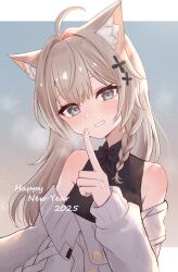  1girl 2025 absurdres ahoge animal_ear_fluff animal_ears bare_shoulders black_shirt blue_eyes bow bowtie braid brown_hair cardigan cat_ears cat_girl cross_hair_ornament finger_to_mouth grey_eyes grin hair_ornament happy_new_year highres index_finger_raised long_hair looking_at_viewer nekohaoyatu new_year off-shoulder_sweater off_shoulder shinano_(vrchat) shirt shushing sleeveless sleeveless_shirt smile solo sweater upper_body vrchat 