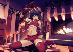  1girl absurdres alternate_costume artistic_error belt belt_buckle bikini bikini_top_pull blunt_bangs blurry blush bokeh box buckle christmas christmas_ornaments christmas_tree collar commission depth_of_field fire_emblem fire_emblem:_the_sacred_stones fireplace flat_chest full_body fur-trimmed_sleeves fur_trim gift gift_box hand_on_own_hip hand_up highres kani_fish kneeling lens_flare light_particles long_hair long_sleeves looking_at_viewer midriff multi-tied_hair myrrh_(fire_emblem) navel neck_bell nintendo open_mouth pale_skin panties pulling_own_clothes purple_hair red_eyes red_panties red_skirt red_sleeves red_thighhighs ribs santa_bikini santa_costume shiny_skin sitting skirt smile solo swimsuit textless_version thighhighs thighs twintails underwear wariza  rating:Sensitive score:13 user:PokaraNoOobabasama