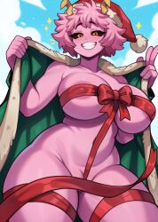 1girl absurdres areola_slip ashido_mina black_sclera boku_no_hero_academia breasts colored_sclera colored_skin convenient_censoring flashing grin hat highres horns large_breasts melonpuff naked_ribbon pink_hair pink_skin ribbon santa_hat smile yellow_horns rating:Explicit score:65 user:danbooru