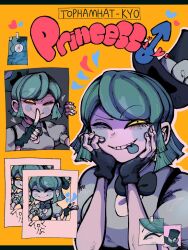 1boy 1girl blue_hair blue_shirt blush_stickers bow bowtie breasts character_name closed_eyes colored_sclera colored_skin commentary dot_pupils fake_type finger_to_mouth fingerless_gloves gloves grin hands_on_own_cheeks hands_on_own_face hat heart index_finger_raised looking_at_viewer mars_symbol meiru_5555 one_eye_closed orange_background photo_(object) princess_(fake_type) puffy_short_sleeves puffy_sleeves shirt short_sleeves shushing simple_background smile swept_bangs teeth tongue tongue_out top_hat tophamhat-kyo upper_body yellow_sclera 