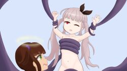  2024 2girls alice_sawyer green_eyes halo highres indie_virtual_youtuber lisa_lavitz loli long_hair multiple_girls open_mouth red_eyes saliva tentacle_bondage twintails umihimeyokai yuri  rating:Questionable score:2 user:tyciol