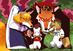  4girls black_dress black_hat blonde_hair blue_tabard bow bowtie closed_eyes closed_mouth commentary commentary_request dalachi_(headdress) dress english_commentary eyeshadow full_body furrification furry furry_female gohei green_background green_bow green_bowtie hair_tubes hakurei_reimu hakurei_reimu_(fox) hat holding holding_gohei junko_(touhou) junko_(touhou)_(fox) kudamaki_tsukasa kudamaki_tsukasa_(fox) laughing leaning_forward makeup mixed-language_commentary multiple_girls onikobe_rin open_mouth red_eyeshadow red_shirt romper shirt short_hair short_sleeves smile tabard touhou trait_connection white_dress white_romper yakumo_ran yakumo_ran_(fox) 