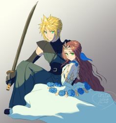  1boy 1girl aerith_gainsborough aerith_gainsborough_(prism_dress) aqua_eyes armor artist_name black_gloves black_hakama black_shoes blonde_hair blue_flower blue_ribbon blue_rose breasts brown_hair closed_mouth cloud_strife cloud_strife_(murasame) dated detached_sleeves dress dress_flower earrings elbow_gloves final_fantasy final_fantasy_vii final_fantasy_vii_ever_crisis flower full_body gloves gold_trim green_eyes grey_background hair_ribbon hakama hand_on_own_chest highres holding holding_sword holding_weapon japanese_armor japanese_clothes jewelry katana light_smile long_dress long_hair low_ponytail medium_breasts official_alternate_costume on_one_knee ontaff7r_ca ponytail protecting ribbon rose see-through_clothes see-through_sleeves shoes short_hair single_earring single_shoulder_pad spiked_hair sword tiara weapon white_dress white_sleeves 
