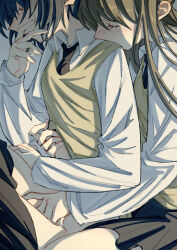 2girls black_hair black_necktie black_skirt blush brown_hair chinese_commentary closed_eyes clothes_lift clothes_pull collared_shirt commentary_request commission fingering highres lanserongjie long_hair miyagi_shiori multiple_girls necktie pleated_skirt reach-around second-party_source sendai_hazuki shirt shirt_lift shuuniichido_classmate_wo_kau_hanashi skirt skirt_pull sweater_vest white_shirt yellow_sweater_vest yuri 