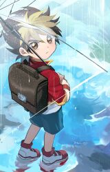 1boy after_rain amanogawa_ryuusei artist_name backpack bag black_hair blonde_hair blue_shorts briefcase brown_bag brown_eyes child closed_mouth commentary from_above full_body hair_between_eyes highres holding holding_umbrella jacket jinzou_konchuu_kabutoborg_vxv kuroda_(kuro_yyy) looking_at_viewer looking_up male_focus outdoors puddle red_jacket red_shoes reflection reflective_water school_briefcase shirt shoes short_hair shorts signature sneakers solo standing symbol-only_commentary transparent transparent_umbrella umbrella water white_shirt wristband 
