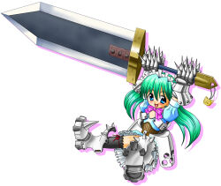  1girl blue_eyes bow green_hair pink_bow sword twintails weapon  rating:General score:0 user:nao10