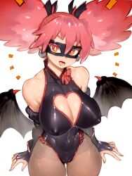  1girl adapted_costume bare_shoulders black_leotard black_mask boku_no_hero_academia bow breasts cameltoe cleavage cleavage_cutout clothing_cutout covered_erect_nipples curvy detached_sleeves domino_mask earrings eye_mask fumio_(rsqkr) haneyama_kazuho heart heart_cutout highleg highleg_leotard highres hip_dips hip_focus jewelry large_breasts leotard looking_at_viewer low_wings mask narrow_waist navel open_mouth pink_eyes pink_hair pink_trim simple_background smile solo superhero_costume thick_thighs thighs twintails vigilante_-boku_no_hero_academia:_illegals- white_background wide_hips wings 