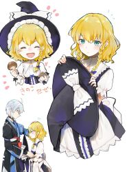  1boy 1girl ahoge black_choker black_hat blonde_hair blue_bow blush bow braid choker cleavage_cutout closed_eyes closed_mouth clothing_cutout commentary_request curiosities_of_lotus_asia fang glasses green_eyes grey_hair hair_bow hat hat_bow headpat heart highres holding holding_mushroom holding_unworn_clothes holding_unworn_hat japanese_clothes kirisame_marisa long_hair long_sleeves minatsuki_yurara morichika_rinnosuke mushroom no_headwear official_alternate_costume open_mouth short_sleeves side_braid single_braid smile touhou translation_request unworn_hat unworn_headwear witch_hat 