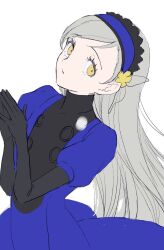  1girl black_gloves blonde_hair blue_dress blue_hairband breasts butterfly_hair_ornament closed_mouth dress elbow_gloves frilled_hairband frills gloves grey_hair hair_ornament hairband highres kanna_nijiniji lavenza_(persona_5) long_hair looking_at_viewer persona persona_5 puffy_sleeves simple_background solo swept_bangs very_long_hair white_background yellow_eyes 