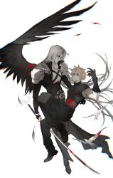  2boys armor belt belt_buckle bird black_coat black_gloves black_pants black_shirt black_wings blonde_hair blood blood_on_clothes blood_on_face bloody_weapon braid buckle carrying chengzi_yucol chest_strap cloud_strife coat feathered_wings final_fantasy final_fantasy_vii final_fantasy_vii_rebirth final_fantasy_vii_remake full_body gloves grey_hair hair_between_eyes highres holding holding_sword holding_weapon long_coat long_hair male_focus masamune_(ff7) multiple_belts multiple_boys pants parted_bangs pauldrons princess_carry sephiroth shirt short_hair shoulder_armor single_braid single_pauldron single_wing spiked_hair suspenders sword weapon white_background wings yaoi 