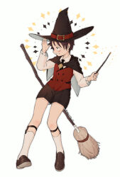  1boy adjusting_clothes adjusting_headwear alternate_costume black_hat black_shoes black_shorts broom full_body grin hat highres holding holding_wand male_focus moko_(gloriaaaaaa) monkey_d._luffy one_piece red_vest shoes short_hair shorts smile socks solo vest wand white_background white_socks witch_hat wizard 