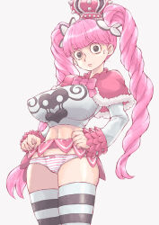  1girl alternate_breast_size artist_request black_eyes breasts clothes_lift crown drill_hair eyes_visible_through_hair highres large_breasts lifting_own_clothes long_hair looking_at_viewer navel one_piece panties perona pink_hair red_crown skirt skirt_lift striped_clothes striped_panties striped_thighhighs sweat thighhighs twintails underwear very_long_hair white_background wide_hips yokaze_ryo  rating:Questionable score:47 user:Popote