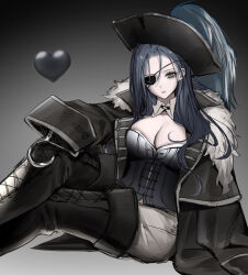  1girl absurdres black_boots black_choker black_hat blue_corset blue_hair boots breasts choker cleavage collar commentary corset detached_collar eyepatch feet_out_of_frame gradient_background green_eyes hand_on_ground hand_on_own_leg hat heart highres hook_hand kumo_tabetai large_breasts long_hair looking_at_viewer original pants parted_lips pirate pirate_hat sitting sleeves_past_wrists solo teeth thigh_boots white_collar white_pants 