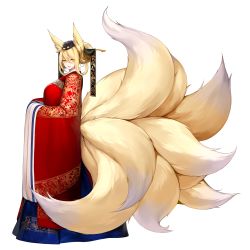  1girl animal_ear_fluff animal_ears blonde_hair blush breasts crossed_bangs dress fox_ears fox_girl fox_tail full_body hair_between_eyes hat highres hirume_of_heavenly_incense hwalot kitsune korean_clothes kyuubi last_origin looking_at_viewer looking_to_the_side multiple_tails official_art open_mouth smile snowball22 solo tachi-e tail transparent_background wedding_dress wide_sleeves yellow_eyes 
