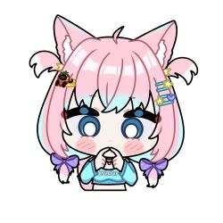  1girl 2023 ahoge animal_ears athabell1 aurora_hikari blue_eyes blush cat_ears cat_girl english_text highres hihoneko indie_virtual_youtuber looking_down loyallybear pink_hair solo twintails white_background  rating:General score:0 user:tyciol