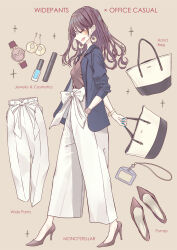  1girl bag brown_hair cosmetics earrings fashion full_body hand_in_pocket handbag high_heels highres holding holding_bag id_card jacket jewelry lipstick_tube long_hair nail_polish no_socks open_clothes open_jacket original pants pumps standing stiletto_heels sun_(sunsun28) watch white_pants wristwatch 