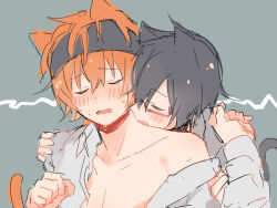 2boys amai_kuro animal_ears biting black_hair blush cat_boy cat_ears cat_tail closed_eyes collared_shirt glasses grey_background idolmaster idolmaster_side-m iseya_shiki male_focus multiple_boys neck_biting orange_hair shirt shirt_partially_removed short_hair sketch tail wakazato_haruna white_shirt yaoi rating:Questionable score:14 user:danbooru