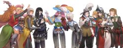  6+girls absurdres armor bascinet blue_hat borrowed_character breastplate brown_hair chainmail chaperon_hat character_request clownsknecht codpiece dark-skinned_female dark_skin flayne_(basedbinkie) gauntlets gyaru_landsknecht_(centurii-chan) handkerchief hat hat_feather highres holding holding_handkerchief hounskull lady_elunia_(mud_and_blood) lady_lucerne_(ironlily) multiple_girls original plate_armor scabbard sheath surcoat sword wass_nonnam weapon white_hair wide_brim 
