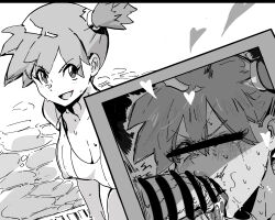 1boy 1girl :d asymmetrical_hair bar_censor bikini blush breasts cellphone_photo censored covered_erect_nipples cum cum_in_mouth fellatio hand_on_another&#039;s_head hetero highres hiro_(user_negm3832) irrumatio large_breasts licking licking_penis misty_(pokemon) nintendo one-piece_swimsuit open_mouth oral penis phone photo_(object) pokemon pokemon_lgpe ponytail pool poolside recording short_hair side_ponytail smile solo_focus sweat swimsuit tongue tongue_out v-shaped_eyebrows water