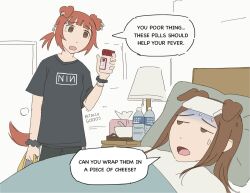  2girls animal_ears band_shirt bed bedroom blanket blunt_bangs bottle bowl brown_eyes brown_hair commentary dog_ears dog_girl dog_tail ear_piercing english_commentary english_text extra_ears fever half-closed_eyes highres hitsuji_(hitsujigoods) indoors lamp long_hair looking_to_the_side merchandise mitsu_(hitsujigoods) multiple_girls nine_inch_nails open_mouth orange_hair piercing pill_bottle pillow ponytail scrunchie shirt short_ponytail sick sweat t-shirt tail tissue_box towel towel_on_head under_covers vivi_(hitsujigoods) water_bottle wrist_scrunchie 