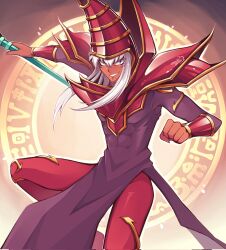  1boy armor cowboy_shot dark-skinned_male dark_magician dark_skin duel_monster facial_mark grey_hair hat highres long_hair magic_circle mahne_(mane_desu) male_focus official_alternate_color red_armor red_hat solo staff twitter_username yu-gi-oh! 
