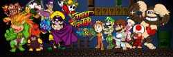  2girls 6+boys ?_block absurdres ahoge akuma_(street_fighter) akuma_(street_fighter)_(cosplay) balrog balrog_(cosplay) balrog_(street_fighter) balrog_(street_fighter)_(cosplay) blanka blanka_(cosplay) blonde_hair boo_(mario) bowser bowser_jr. brown_hair cammy_white cammy_white_(cosplay) capcom chun-li chun-li_(cosplay) claw_(weapon) clenched_teeth copyright_name cosplay dhalsim dhalsim_(cosplay) donkey_kong donkey_kong_(series) donkey_kong_country e._honda_(cosplay) e._honda facial_hair goomba grin guile guile_(cosplay) highres incredibly_absurdres ken_masters ken_masters_(cosplay) koopa_troopa leotard long_hair long_image looking_at_viewer luigi m._bison m_bison_(cosplay) mario mario_(series) multiple_boys multiple_girls mustache nintendo orange_hair parody pointy_ears princess_daisy princess_peach ryu ryu_(cosplay) ryu_(street_fighter) ryu_(street_fighter)_(cosplay) sagat sagat_(cosplay) short_hair shy_guy smile street_fighter street_fighter_zero_(series) super_mario_bros._1 super_mario_bros._2 super_mario_bros._3 super_mario_land super_mario_land_2 teeth toad_(mario) vega_(street_fighter) waluigi wario wario_land warioware warp_pipe weapon wide_image zangief zangief_(cosplay) 