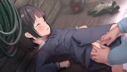  1boy 1girl 3d age_difference animated animated_gif arm_support blue_eyes blue_shirt blush bob_cut censored closed_eyes custom_udon dot_nose dress dutch_angle fingering flat_chest grabbing_another&#039;s_thigh hetero indoors leaning_back loli long_sleeves looping_animation lying mosaic_censoring no_panties on_back on_table open_mouth original pussy_juice ribbon school_uniform serafuku shirt short_hair socks solo_focus table tears  rating:Explicit score:859 user:Octawal