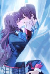  1boy 1girl a-chan_(little_busters!) assertive_female backlighting black_jacket blue_bow blue_bowtie blue_eyes blue_necktie blurry blush bow bowtie brown_eyes brown_hair collared_shirt commentary_request couple cowboy_shot curtains depth_of_field eye_contact eyelashes from_side grey_skirt hair_between_eyes hands_on_another&#039;s_cheeks hands_on_another&#039;s_face hands_up hetero highres imminent_kiss indoors jacket little_busters! little_busters!_school_uniform long_hair long_sleeves looking_at_another miiizuno_lbs miniskirt natsume_kyousuke necktie parted_lips plaid_clothes plaid_skirt pleated_skirt profile puckered_lips school_uniform shirt short_hair skirt sweatdrop tsurime very_long_hair wavy_hair white_shirt 