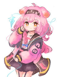  1girl ahoge animal_ears arknights black_hairband black_jacket black_skirt blue_bow bow braid brown_eyes cat_ears closed_mouth commentary_request garter_straps goldenglow_(arknights) hair_bow hairband highres jacket lightning_bolt_print long_hair long_sleeves open_clothes open_jacket pink_hair print_hairband puffy_long_sleeves puffy_sleeves shirt simple_background single_braid sketch skirt sleeves_past_wrists smile solo thick_eyebrows very_long_hair white_background white_shirt yopi_(user_wdgp8532) 