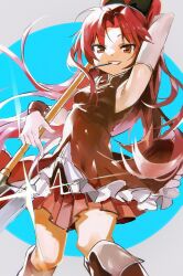  1girl arm_up armpits black_bow blue_background boots bow cowboy_shot curtained_hair deezydays elbow_gloves fold-over_boots gloves grin hair_bow high_ponytail highres holding holding_weapon knee_boots long_hair looking_at_viewer magical_girl mahou_shoujo_madoka_magica miniskirt pleated_skirt ponytail red_boots red_eyes red_hair red_skirt sakura_kyoko sakura_kyoko_(magical_girl) simple_background skirt smile solo soul_gem two-tone_background weapon white_background white_gloves wrist_cuffs 