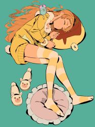 1girl aikatsu! aikatsu!_(series) arisugawa_otome blue_background bracelet closed_eyes food full_body hair_down hair_spread_out highres jacket jewelry long_hair long_sleeves lying no_shoes on_side orange_hair pajamas pillow pudding semham shoes simple_background slippers solo striped_clothes striped_thighhighs stuffed_animal stuffed_toy thighhighs unworn_shoes yellow_jacket rating:General score:3 user:danbooru