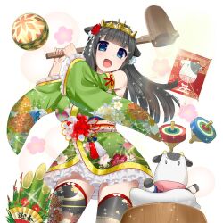  1girl black_hair blue_eyes breasts cow cow_girl cow_horns detached_sleeves gold_tiara green_kimono holding horns japanese_clothes kadomatsu kimono kine kite_flying kusaka_souji large_breasts long_hair mallet miru_holstein mortar_(bowl) open_mouth spinning_top uchi_no_hime-sama_ga_ichiban_kawaii 