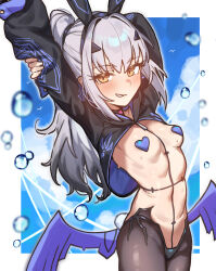  1girl absurdres adapted_costume animal_ears arms_up black_shrug blush breasts brown_pantyhose dragon_wings fake_animal_ears fate/grand_order fate_(series) forked_eyebrows grin heart_pasties high_ponytail highres long_hair long_sleeves looking_at_viewer melusine_(fate) melusine_(swimsuit_ruler)_(fate) melusine_(swimsuit_ruler)_(first_ascension)_(fate) meme_attire navel pantyhose pasties ponytail rabbit_ears rabbit_tail radishkek revealing_clothes reverse_bunnysuit reverse_outfit shrug_(clothing) sidelocks small_breasts smile solo tail thighs white_hair wings yellow_eyes 
