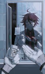  2boys absurdres ahoge alternate_costume alternate_hairstyle alternate_universe aotsuki_eito black_shirt black_streaks blood blood_on_clothes blood_on_gloves blue_eyes bottle breast_pocket collared_shirt different_reflection gloves grey_hair half_gloves highres holding holding_bottle holding_pill horror_(theme) jacket keypad looking_at_hand male_focus multicolored_hair multiple_boys multiple_hair_clips necktie note open_door paper peeking_out pen pill pill_bottle pocket pov pov_hands purple_eyes red_hair red_necktie reflection shirt short_hair sink straitjacket streaked_hair sumino_takumi the_hundred_line_-last_defense_academy- third_eye tile_wall tiles white_gloves white_jacket yeshaqianww 