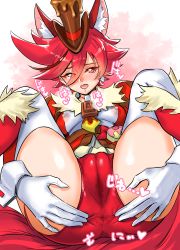 1girl absurdres animal_ears ass blush breasts cameltoe covered_erect_nipples cure_chocolat gloves hair_between_eyes hat highres kenjou_akira kirakira_precure_a_la_mode kuppipi_ramutarou lying on_back precure red_eyes red_hair shorts solo spread_anus_under_clothes thighhighs white_gloves white_thighhighs rating:Questionable score:51 user:danbooru