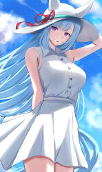  1girl alternate_costume animal_ears bare_shoulders blue_hair braid breasts crown_braid dress from_below hat hat_ribbon highres horse_ears horse_girl horse_tail large_breasts long_hair looking_at_viewer looking_down mejiro_ardan_(umamusume) naname_(nanameee_04) purple_eyes red_ribbon ribbon sleeveless sleeveless_dress solo sun_hat tail umamusume white_dress white_hat 