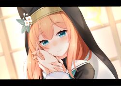  1girl 1other animal_ear_headwear blue_archive blue_eyes blush commentary_request fake_animal_ears flower habit hair_between_eyes halo hand_on_another&#039;s_cheek hand_on_another&#039;s_face hands_up happy highres holding_hands indoors long_hair looking_at_viewer mari_(blue_archive) nun orange_hair shironeko_haru smile solo_focus upper_body white_flower 