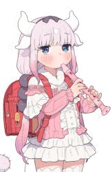 1girl beads black_hairband blue_eyes blunt_bangs blush child dragon_girl dragon_horns electric_plug electric_plug_tail flute gradient_hair hair_beads hair_ornament hairband highres holding holding_flute holding_instrument horns instrument kanna_kamui kobayashi-san_chi_no_maidragon looking_at_viewer multicolored_hair music playing_instrument possummachine purple_hair red_bag solo tail white_background  rating:General score:10 user:danbooru