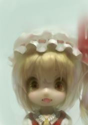 1girl blonde_hair blouse embodiment_of_scarlet_devil fangs female_focus flandre_scarlet hair_between_eyes hat mob_cap photorealistic realistic shiratsuyu_mone shirt side_ponytail solo tongue touhou white_hat white_shirt  rating:Sensitive score:12 user:danbooru