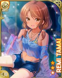 1girl :d bag bare_legs blue_shorts brown_eyes brown_hair card_(medium) day female_focus forest girlfriend_(kari) looking_at_viewer low_twintails nature official_art open_mouth outdoors qp:flapper shade shirt shorts sitting smile solo summer sweat tamai_remi twintails white_shirt