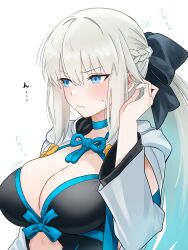 1girl bamboo_tac black_bow black_dress blue_bow blue_eyes blue_trim blush bow braid breasts cleavage closed_mouth commentary_request dress dress_bow fate/grand_order fate_(series) furrowed_brow hair_bow hand_in_own_hair hand_up highres large_breasts long_hair long_sleeves looking_ahead morgan_le_fay_(fate) morgan_le_fay_(second_ascension)_(fate) playing_with_own_hair shrug_(clothing) side_braid sidelocks simple_background solo sweatdrop upper_body very_long_hair white_background white_hair white_shrug  rating:Sensitive score:7 user:danbooru