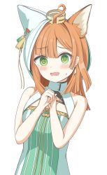  1girl @_@ absurdres ahoge animal_ears arknights bare_arms bare_shoulders blush commentary earrings embarrassed green_eyes highres jewelry looking_at_viewer medium_hair mole mole_on_shoulder moochiyuki open_mouth orange_hair own_hands_together papyrus_(arknights) simple_background sleeveless solo sweatdrop upper_body wavy_mouth white_background 