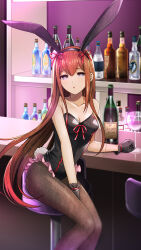  1girl animal_ear_hairband animal_ears archived_source bar_(place) bar_stool bare_shoulders between_legs black_gloves black_hairband black_leotard black_pantyhose bottle breasts brown_hair cleavage collarbone counter cup drinking_glass fake_animal_ears fake_tail game_cg gloves grey_eyes hair_between_eyes hairband hand_between_legs highres huke leotard long_hair looking_at_viewer makise_kurisu medium_breasts official_alternate_costume official_art on_stool pantyhose parted_lips playboy_bunny rabbit_ears rabbit_tail red_ribbon ribbon shelf sitting solo steins;gate stool straight_hair tail third-party_source wine_bottle wine_glass 