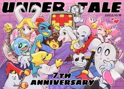  &gt;_&lt; 1other 3boys 4girls :3 ^_^ absurdres alphys animal_ears anniversary annoying_dog asgore_dreemurr bell blonde_hair blue_skin brown_hair cat_ears closed_eyes colored_skin copyright_name creature dated dog everyone eyepatch fins flower flowey_(undertale) frisk_(undertale) furry furry_female furry_male ghost glasses gloves goat_boy goat_ears goat_girl goat_horns grin group_hug group_picture hair_bell hair_ornament happy head_fins heart highres holding holding_instrument holding_maracas horns hug instrument lab_coat looking_at_viewer mad_mew_mew maracas mettaton multiple_boys multiple_girls napstablook non-humanoid_robot one_eye_covered open_mouth outline papyrus_(undertale) pink_background pink_hair red_gloves red_skin robot sans_(undertale) short_hair shyren smile temmie tiduco toriel undertale undyne white_outline white_skin yellow_flower yellow_skin 