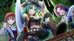  3girls :d akasaka_miyuki bandana belt black_hat black_pants boots bow brown_belt brown_boots brown_hair closed_mouth collarbone corset cutlass dutch_angle epaulettes finger_on_trigger foot_out_of_frame frilled_shirt frills from_below game_cg glasses green_eyes green_hair gun hair_ribbon half_updo hat highres higurashi_no_naku_koro_ni higurashi_no_naku_koro_ni_mei holding holding_gun holding_sword holding_weapon jolly_roger lens_flare long_hair looking_at_viewer multiple_girls navel night non-web_source official_art open_mouth outdoors pants parted_bangs pirate pirate_costume pirate_hat pirate_ship ponytail purple_eyes purple_hair reaching reaching_towards_viewer red_bandana ribbon round_eyewear saionji_miyabi shirt short_hair short_sleeves skull_and_crossbones smile smug sonozaki_shion sparkle sword weapon white_bow 